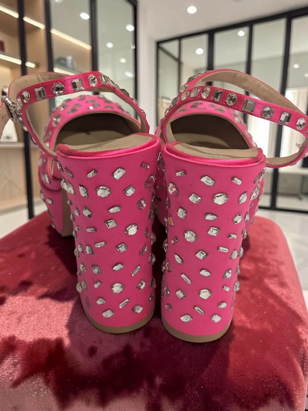 Stuart Weitzman Pink Satin Rhinestone Platform Heels 7 NWOB